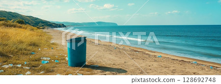 Trash can on a deserted beach surrounded by litter, highlighting the issue of coastal pollution and waste management by the sea. 128692748
