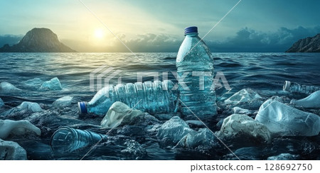 Plastic bottles and debris piled by the ocean at dusk, illustrating environmental damage from improperly discarded waste. 128692750