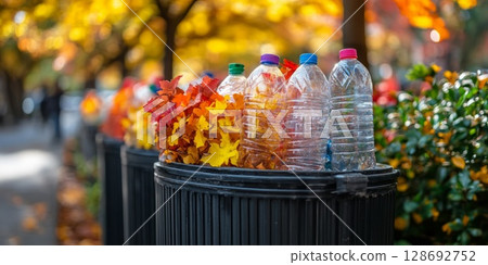 Overflowing garbage can with plastic bottles in an autumn park, reflecting urban litter problems among colorful foliage. Overflowing garbage can with plastic bottles in an autumn park, reflecting urban litter problems among colorful foliage. 128692752