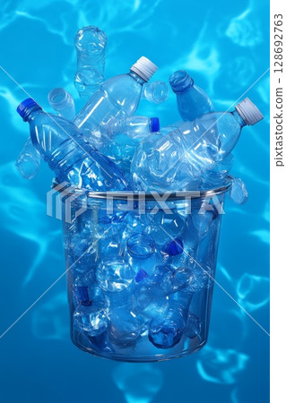 Transparent trash can full of plastic bottles under clear blue water, representing underwater pollution and global waste. 128692763