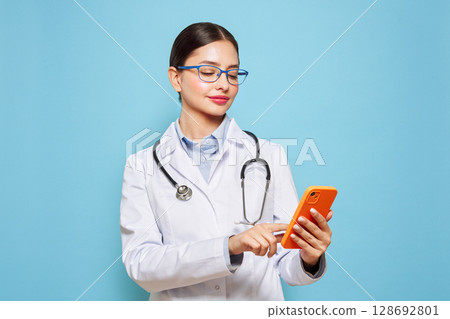 Hospital, doctor woman with phone for research Hospital, doctor woman with phone for research 128692801