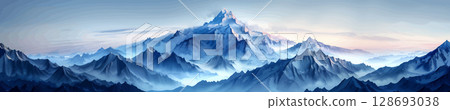 Snowy Mountain Range with Peaks at Sunrise vector 128693038