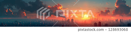 Polluted City Skyline at Dramatic Sunset vector 128693068