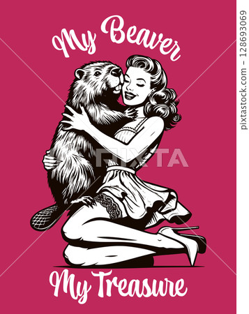 Pinup Girl Hugging Beaver t-shirt raster design 128693069