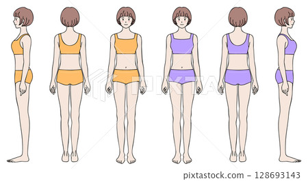 Female full body model 3-sided illustration orange/purple color set 128693143