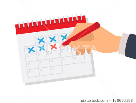 Hand holds a pen and draws a circle on calendar stock illustration 128693198