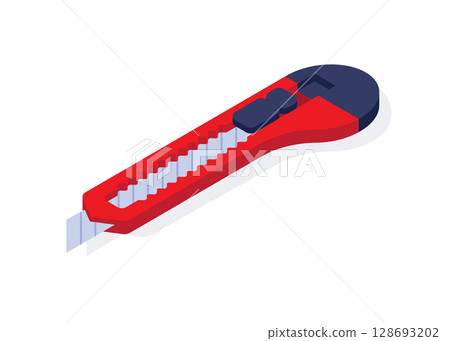 Isometric red Box cutter knife isolated on white background vector illustration stock illustration Isometric red Box cutter knife isolated on white background vector illustration stock illustration 128693202
