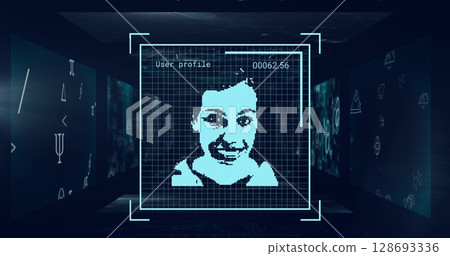 Projecting profile text, cyan face on central holographic display in dark lab, with wall panels 128693336