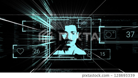 Pixelated male face floating in virtual cyber tunnel, with UI panels showing icons and timer Pixelated male face floating in virtual cyber tunnel, with UI panels showing icons and timer 128693339