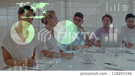 Statistical data processing against group of diverse businesspeople discussing in meeting room 128693348