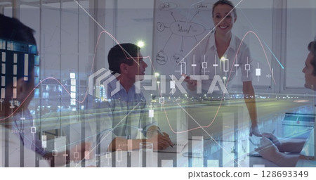 Statistical data processing against caucasian woman giving presentation in meeting room at office 128693349