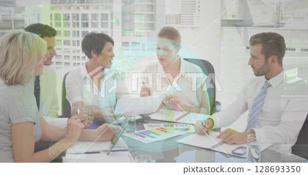 Neon ticking clock against group of diverse businesspeople discussing in meeting room Neon ticking clock against group of diverse businesspeople discussing in meeting room 128693350