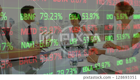 Stock market data processing against group of diverse businesspeople discussing in meeting room 128693351