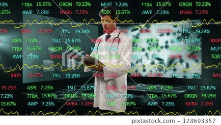 Image of data processing over caucasian male doctor with clipboard 128693357