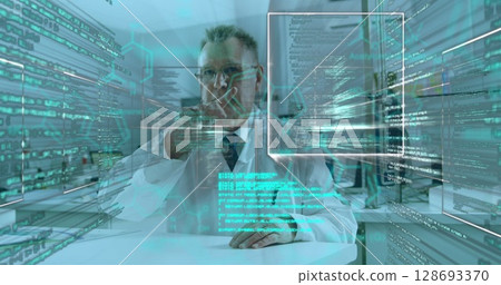 Image of data processing over caucasian male doctor 128693370
