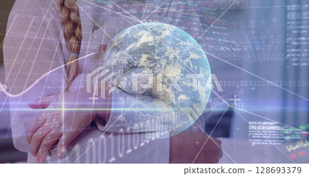Image of data processing and globe over caucasian girl with teddy bear 128693379