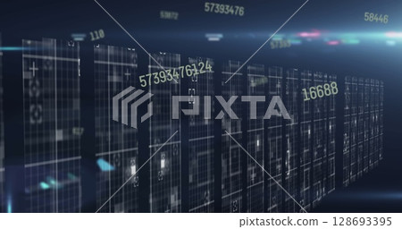 Image of data processing over moving columns on black background Image of data processing over moving columns on black background 128693395