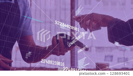 Image of data processing over diverse people paying with smartphone Image of data processing over diverse people paying with smartphone 128693401