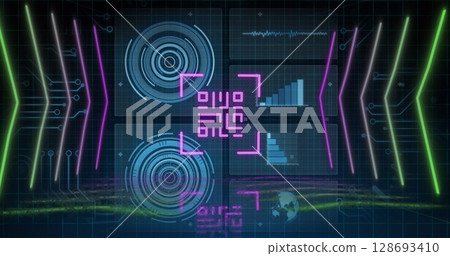 Image of qr code over scope scanning and data processing on black background 128693410