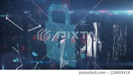 Image of data processing and network of connections on black background Image of data processing and network of connections on black background 128693414