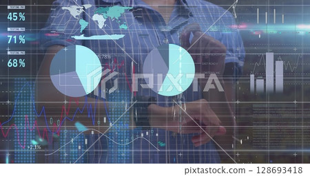 Image of data processing over caucasian woman using smartwatch Image of data processing over caucasian woman using smartwatch 128693418