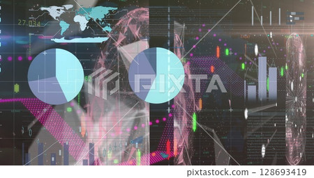 Image of data processing over globe on black background Image of data processing over globe on black background 128693419