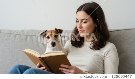 Cozy reading moment with woman and dog at home Cozy reading moment with woman and dog at home 128693447