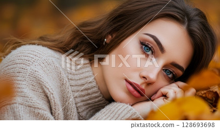 Autumn serenity with woman resting among fall leaves in cozy sweater 128693698