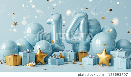 Celebration of 14th birthday with blue balloons, gifts, and stars Celebration of 14th birthday with blue balloons, gifts, and stars 128693707