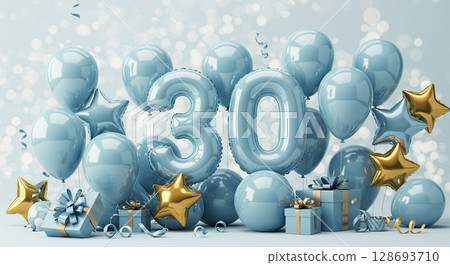 30th birthday celebration with balloons and gifts in blue and gold theme 128693710