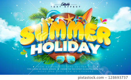Summer Holiday 3D Text Effect Design Editable and Scalable Vector Graphic Style Effect with Beach Elements and Tropical Palm Leaves on Blue Cloudy Sky Background. Premium Illustration Template for 128693737
