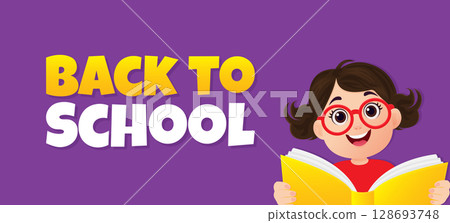 Back to School Banner with Cute Girl Holding Book Vector Illustration. 128693748