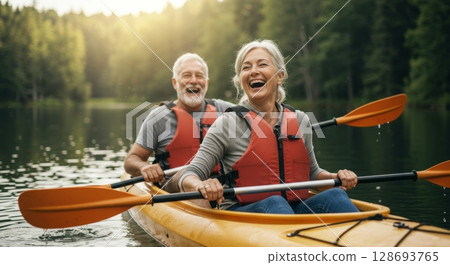 Joyful senior couple kayaking on serene lake in nature at sunset for outdoor recreation and adventure 128693765
