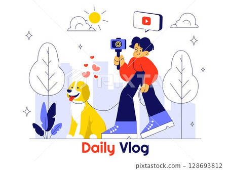 Daily Vlog Vector Illustration Featuring an Influencer Browsing Social Networks with Live Streaming of Various Activities in a Lifestyle Background Daily Vlog Vector Illustration Featuring an Influencer Browsing Social Networks with Live Streaming of Various Activities in a Lifestyle Background 128693812