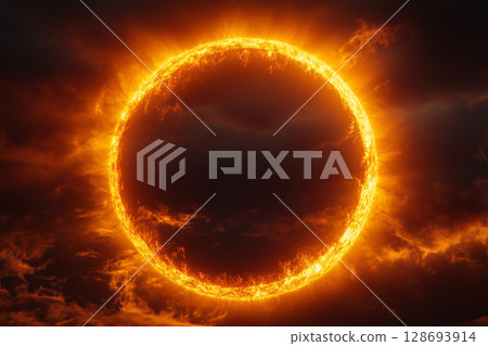 Ring of fire, solar eclipse creating a dramatic spectacle in cloudy sky copy space wallpaper 128693914