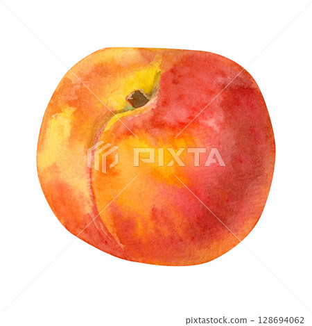 watercolor illustration of a ripe peach. Fresh, juicy peach with a natural, organic look, isolated on a white background. 128694062