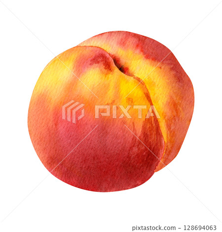 watercolor illustration of a ripe peach. Fresh, juicy peach with a natural, organic look, isolated on a white background. 128694063