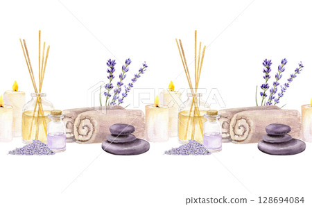 Watercolor seamless border wirh aroma stones, bouquet with lavender, bottle with essential oil, aroma candle, towels Watercolor seamless border wirh aroma stones, bouquet with lavender, bottle with essential oil, aroma candle, towels 128694084