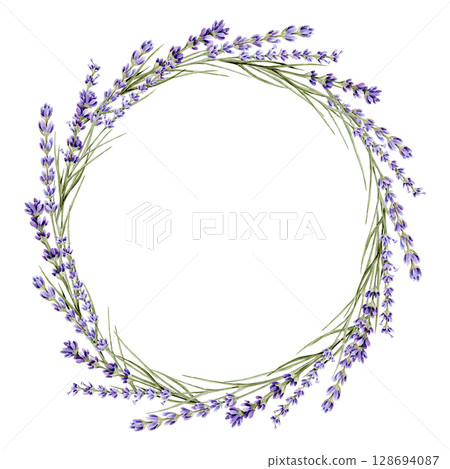Watercolor circular frame with branches of lavender and lavender seeds on a white background 128694087