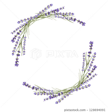 Watercolor circular frame with branches of lavender and lavender seeds on a white background 128694091