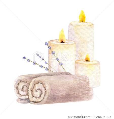 Watercolor hand drawn composition of aroma candle, lavender bouquet, towels 128694097