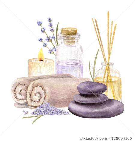 Watercolor hand drawn composition with aroma diffuser with essential oil, candle, towels, stones and bottle with aroma oil and lavender 128694100