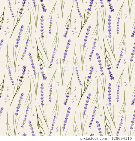 Watercolor seamless pattern with bouquets with lavender and lavender seeds on a beige background 128694110