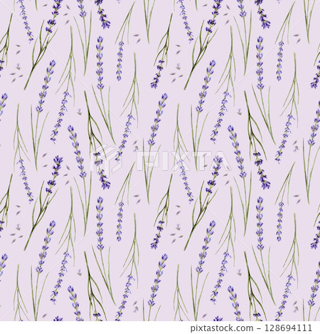 Watercolor seamless pattern with bouquets with lavender and lavender seeds on a purple background 128694111