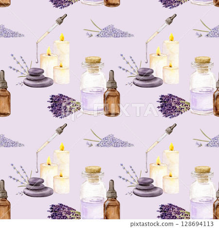 Watercolor seamless pattern with bottles with different essential oil, aroma stones and bouquet with lavender, pipette and candles Watercolor seamless pattern with bottles with different essential oil, aroma stones and bouquet with lavender, pipette and candles 128694113