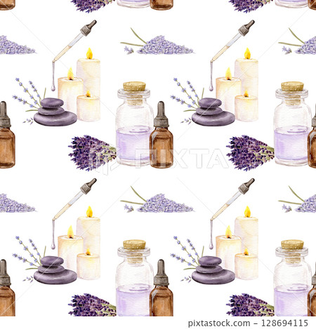 Watercolor seamless pattern with bottles with different essential oil, aroma stones and bouquet with lavender, pipette and candles 128694115