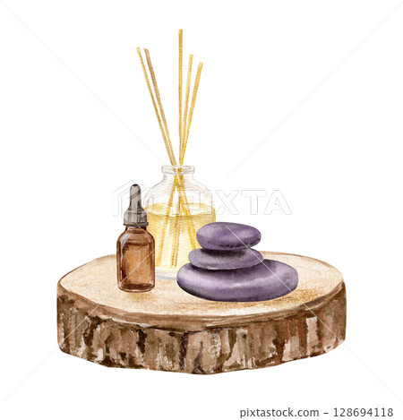 Watercolor composition with aroma stones, diffuser in glass with essential oil and sticks, essential oil on a wooden tray 128694118