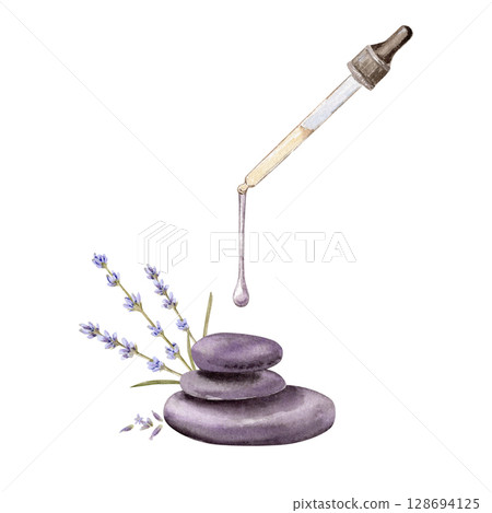Watercolor hand drawn composition with aroma stones and aroma drop at a pipette and lavender flowers and seeds 128694125