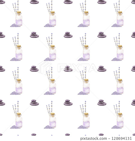 Watercolor seamless pattern with essential oil bottle with cork and lavender bouquet and aroma stones Watercolor seamless pattern with essential oil bottle with cork and lavender bouquet and aroma stones 128694131