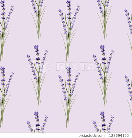 Watercolor seamless pattern with bouquets with lavender on a purple background 128694133
